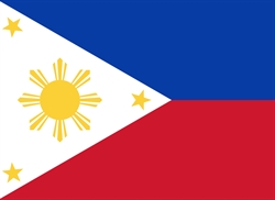 [ai] The flag of the Philippines featuring a horizontal bicolor design of blue on top and red below, with a white triangle on the left containing a yellow sun and three small yellow stars.